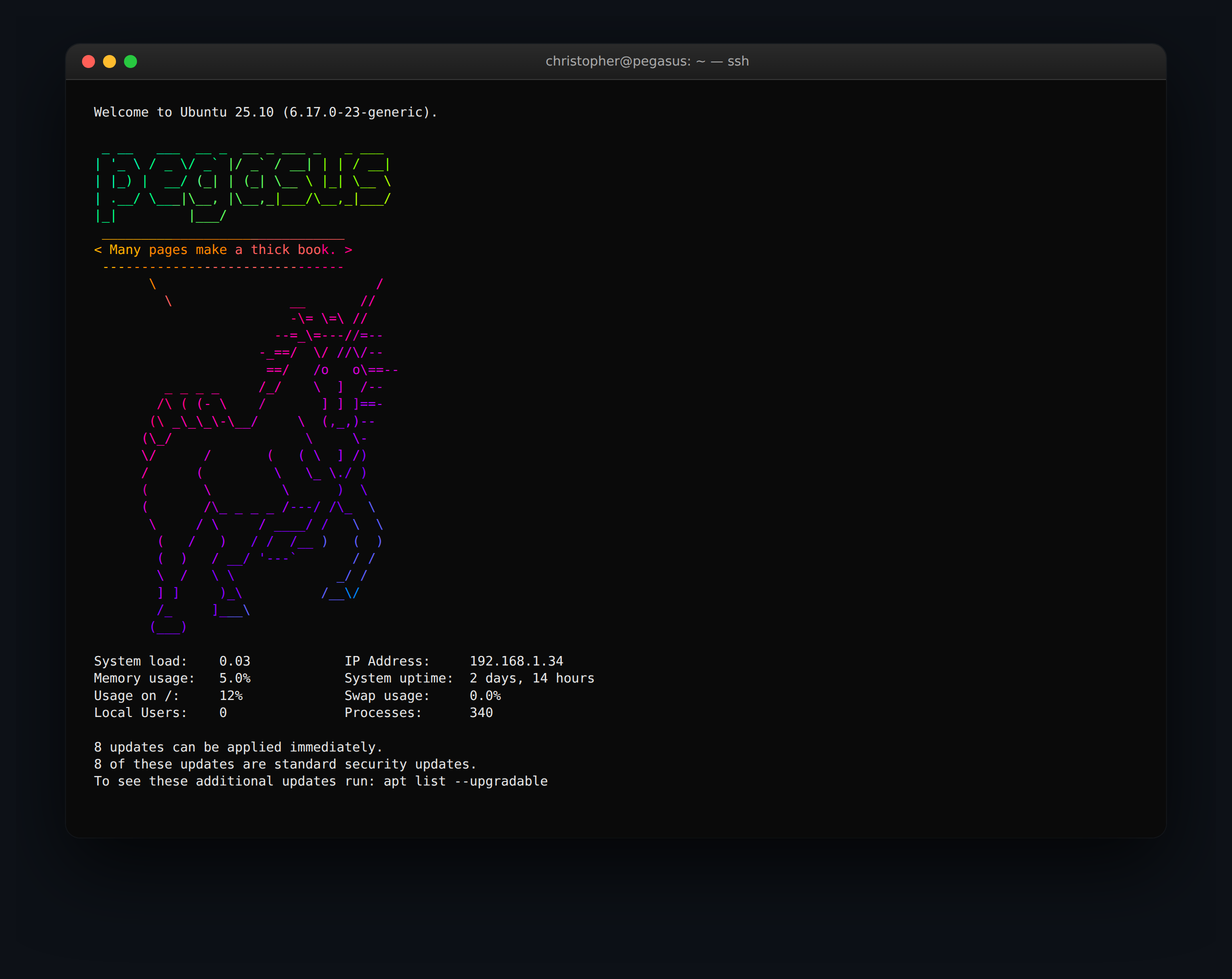 Pegasus MOTD screenshot โ figlet banner, fortune in a unicorn cowsay bubble, sysinfo block