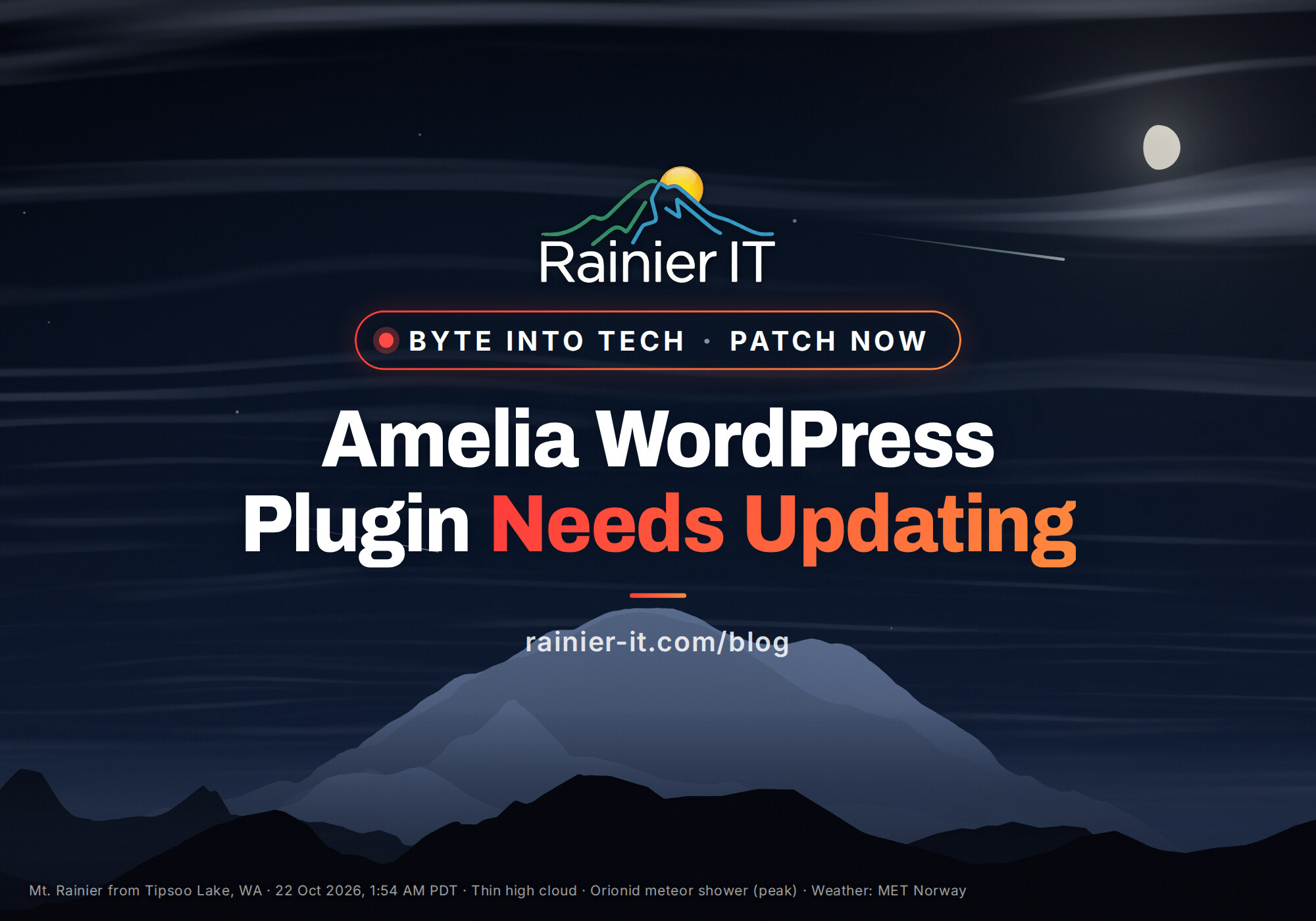 Mt. Rainier from Tipsoo Lake, with the title Amelia WordPress Plugin Needs Updating