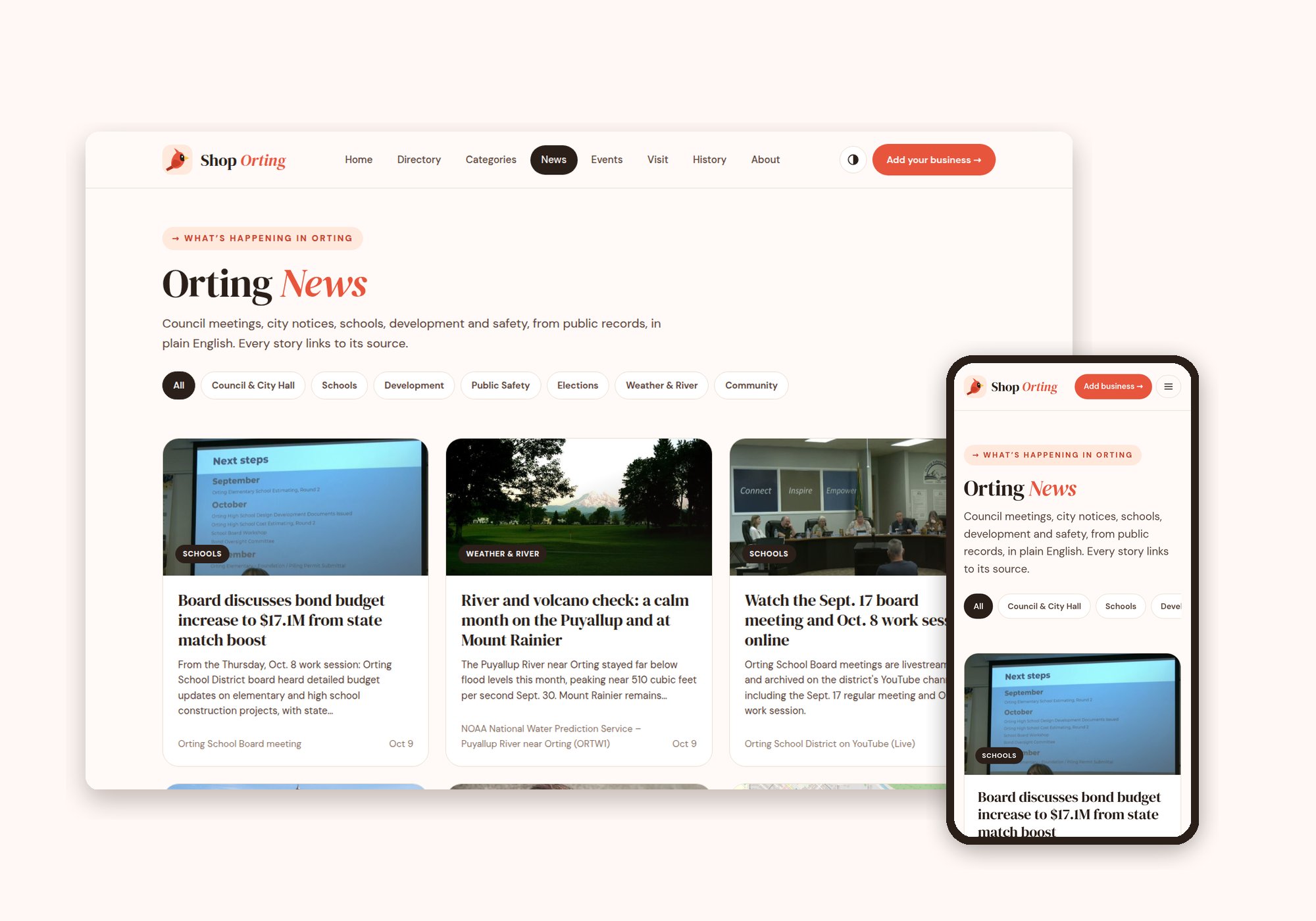 The Orting News page on a desktop and a phone: category filters and story cards