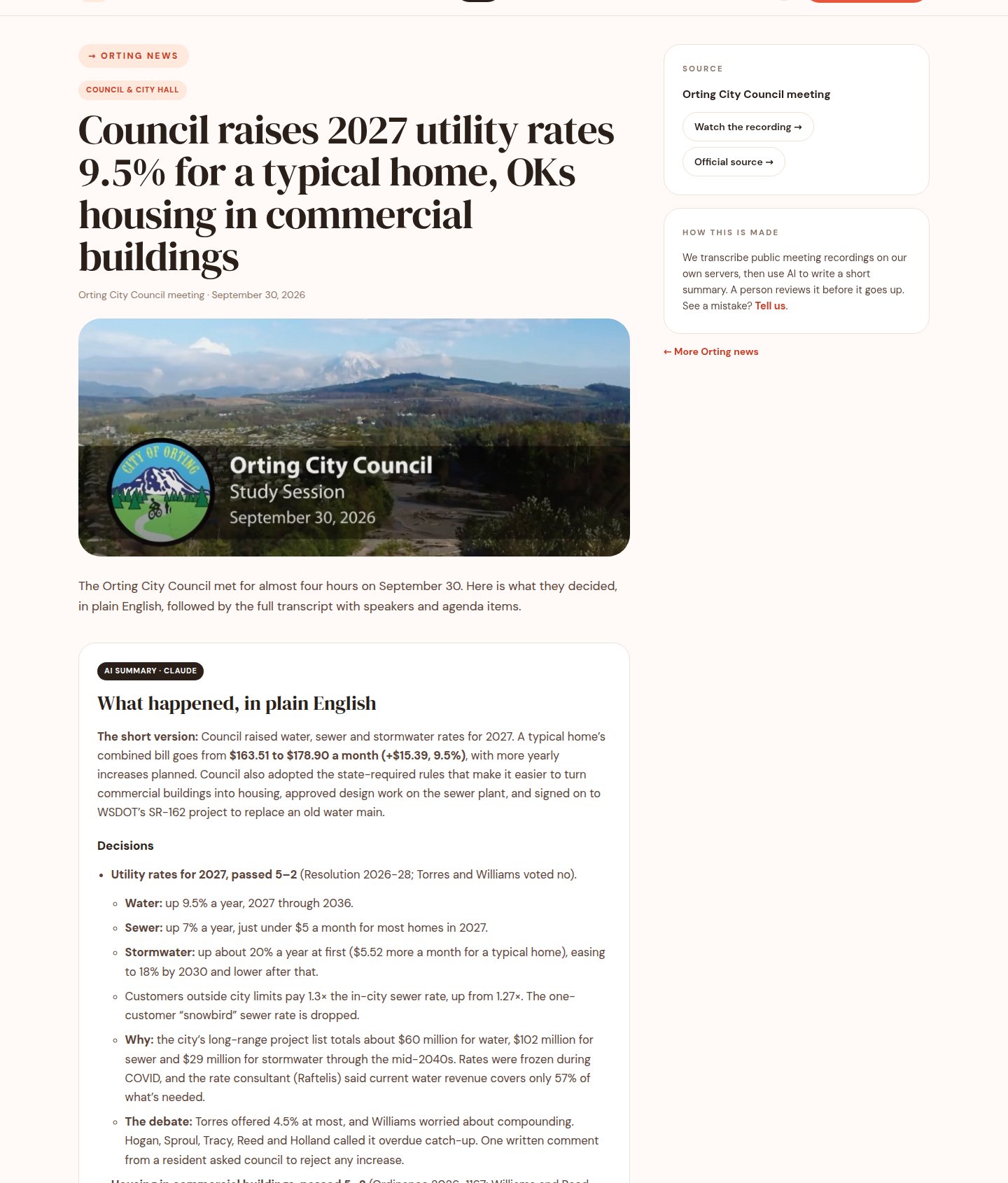 A council meeting story: the headline, an AI summary box with decisions and vote counts, and the start of the full transcript
