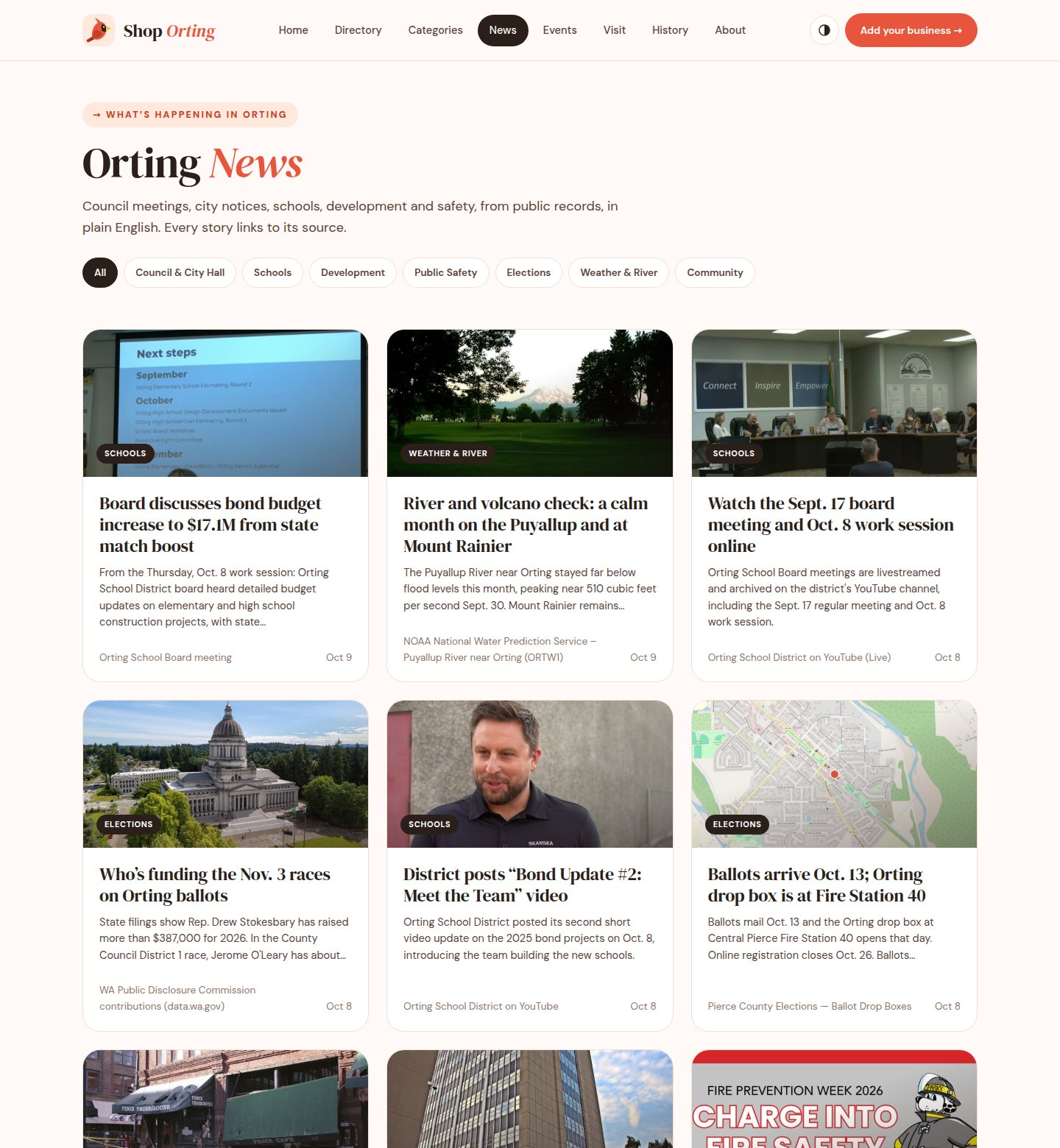 The Orting News page: a headline, category filters and a grid of story cards with photos