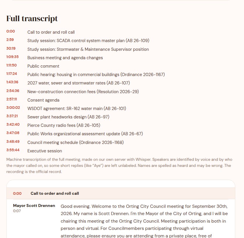 The full transcript: a list of agenda chapters with timestamps, then the transcript with speaker names