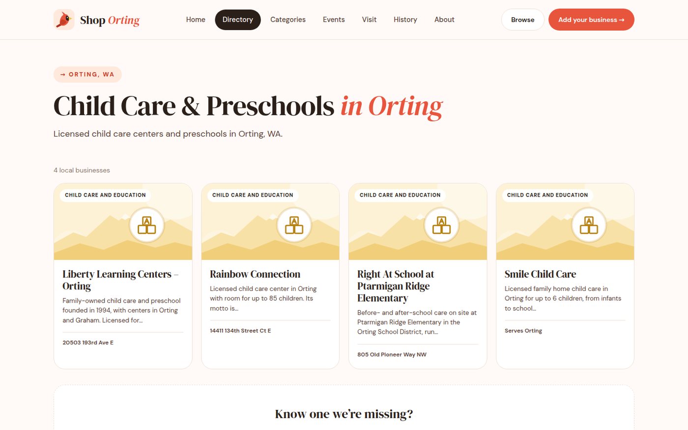 The Child Care & Preschools in Orting topic page with four provider cards