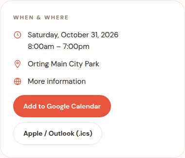 The When & Where card on an event page, with Add to Google Calendar and Apple / Outlook buttons