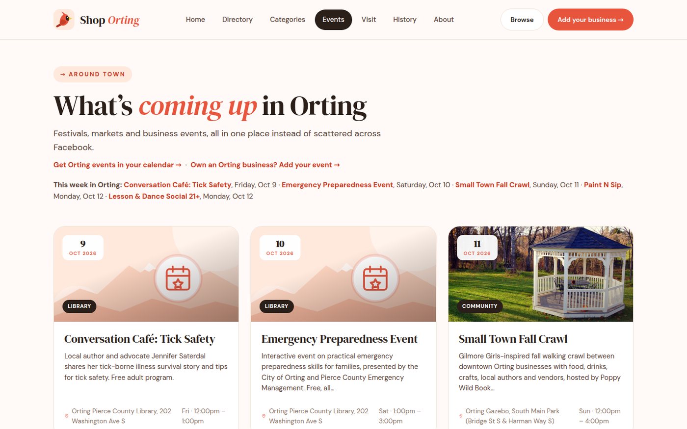 Events page showing upcoming Orting events as cards