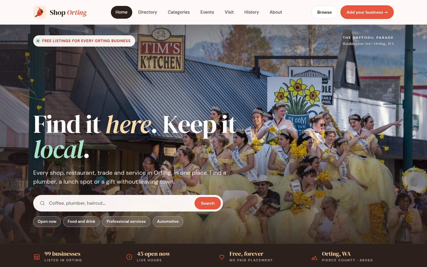 The Shop Orting home page: a Daffodil Parade photo behind the headline "Find it here. Keep it local." with a search box and quick filters