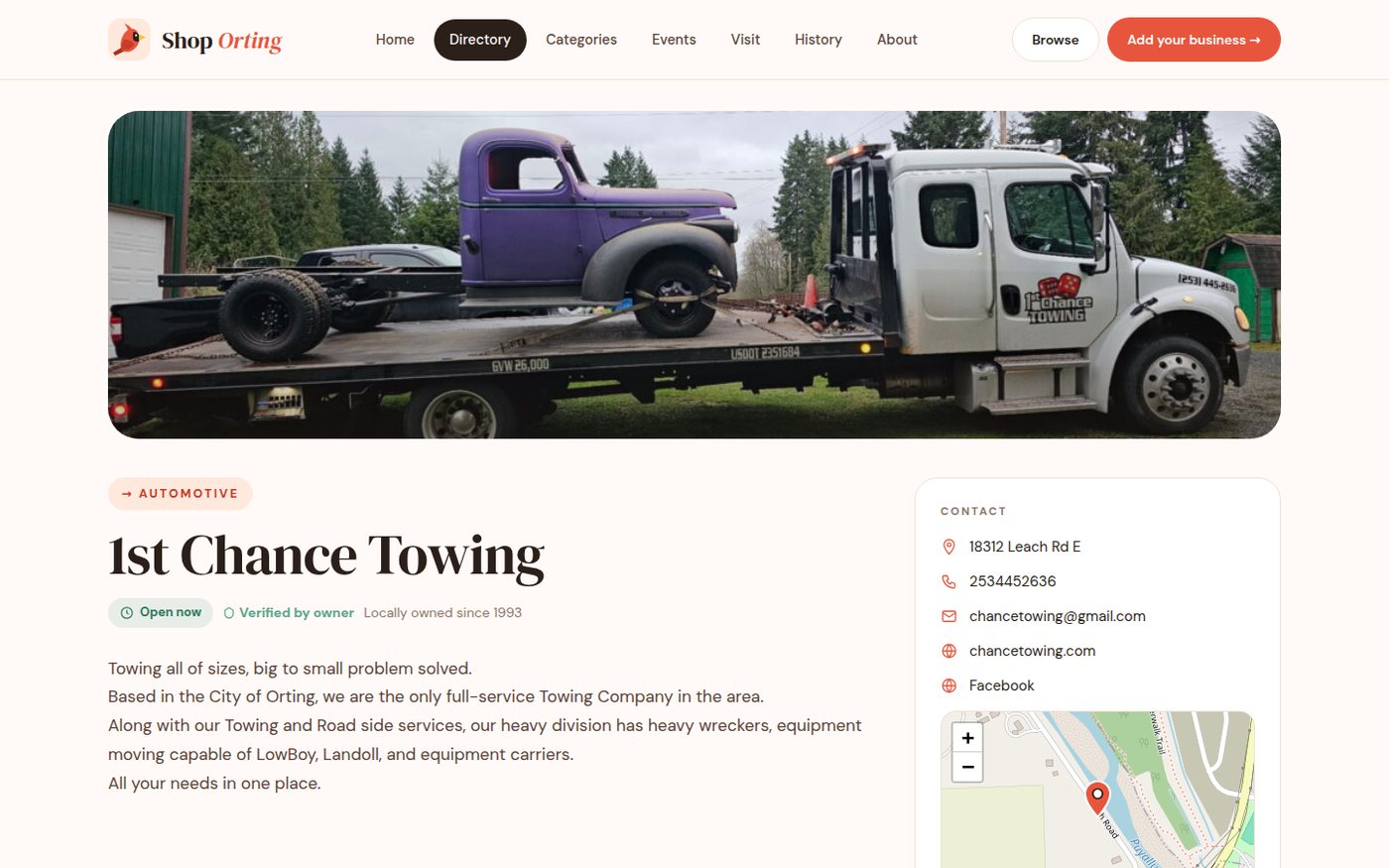 A business listing page for 1st Chance Towing, with photo, description, contact card and map