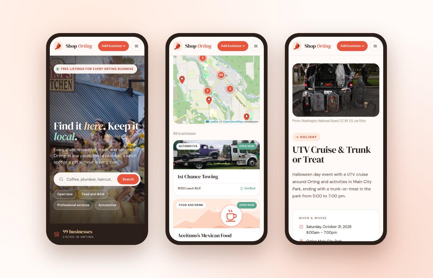 Three phones showing the Shop Orting home page, the map with clustered pins, and an event page