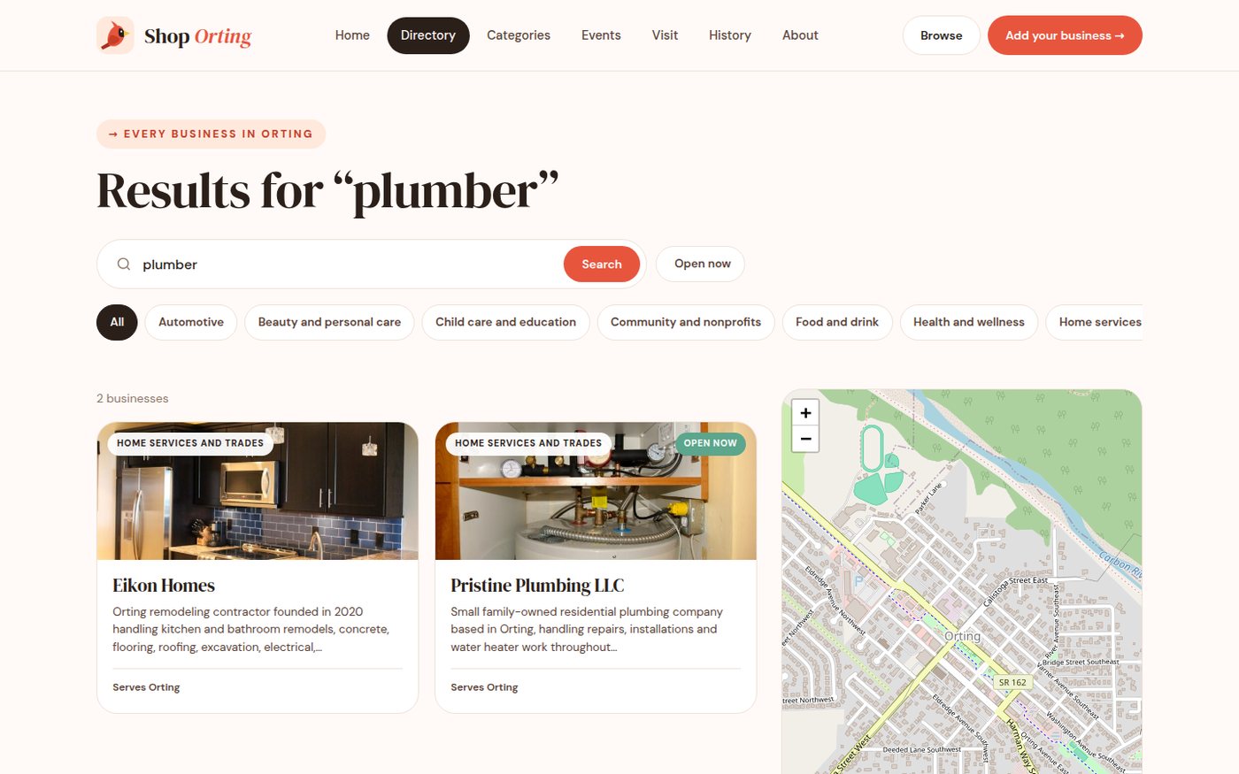 Search results for "plumber" showing two plumbing companies and the map