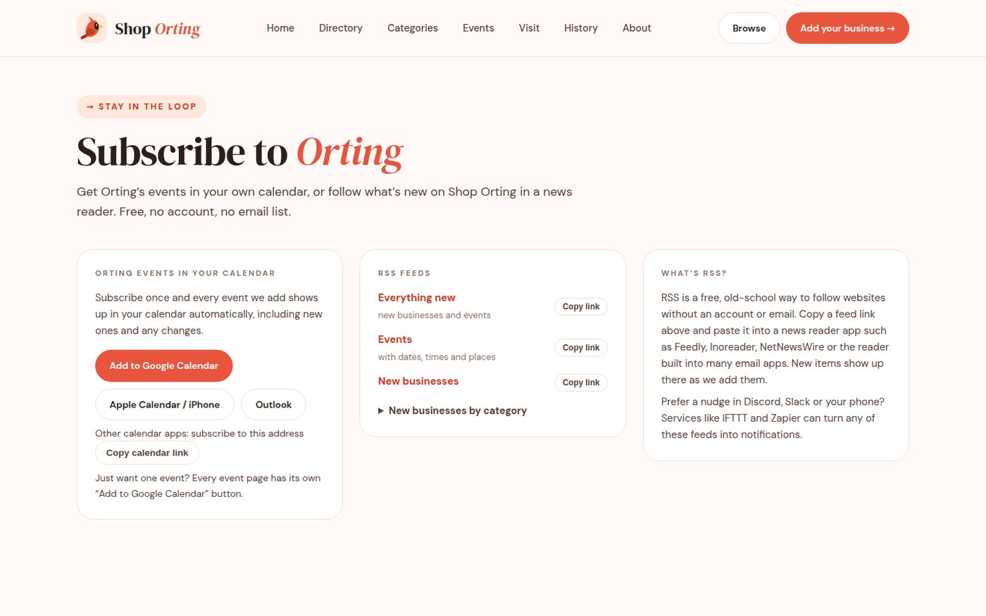 The Subscribe page with calendar buttons and a list of RSS feeds