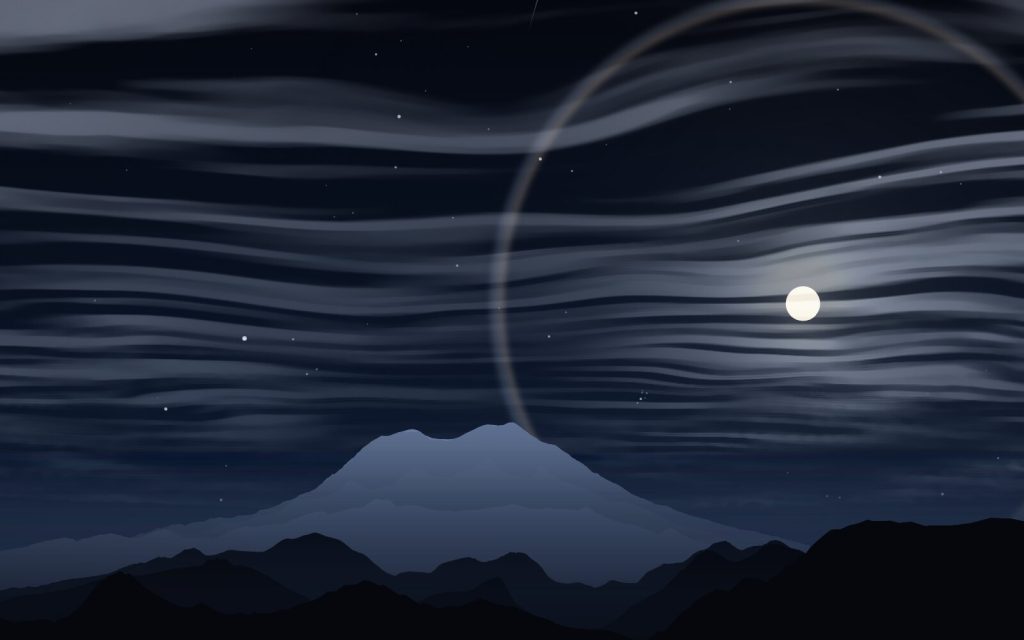Mt. Rainier from Gobblers Knob, WA · 26 Oct 2026, 8:00 PM PDT · Thin high cloud · Orionid meteor shower · Full Hunter's Moon · 22° lunar halo · example weather