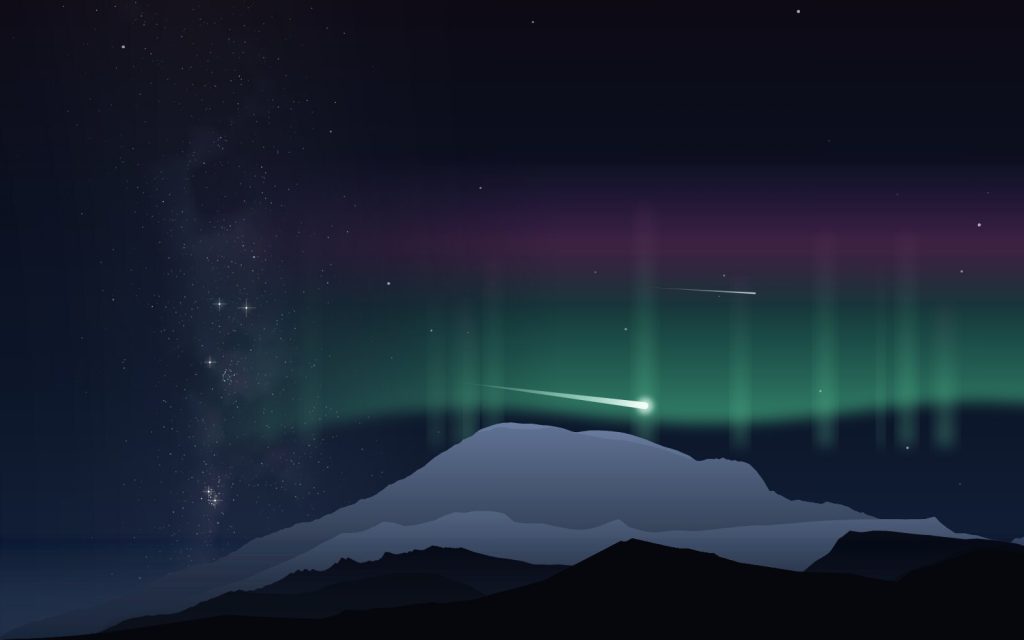 Mt. Rainier from Paradise, WA · Northern lights, re-creating the 10 Oct 2024 storm · example sky