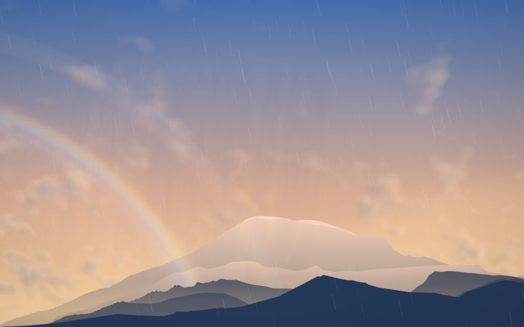 Mt. Rainier from Paradise, WA · Rainbow after a morning shower · example sky