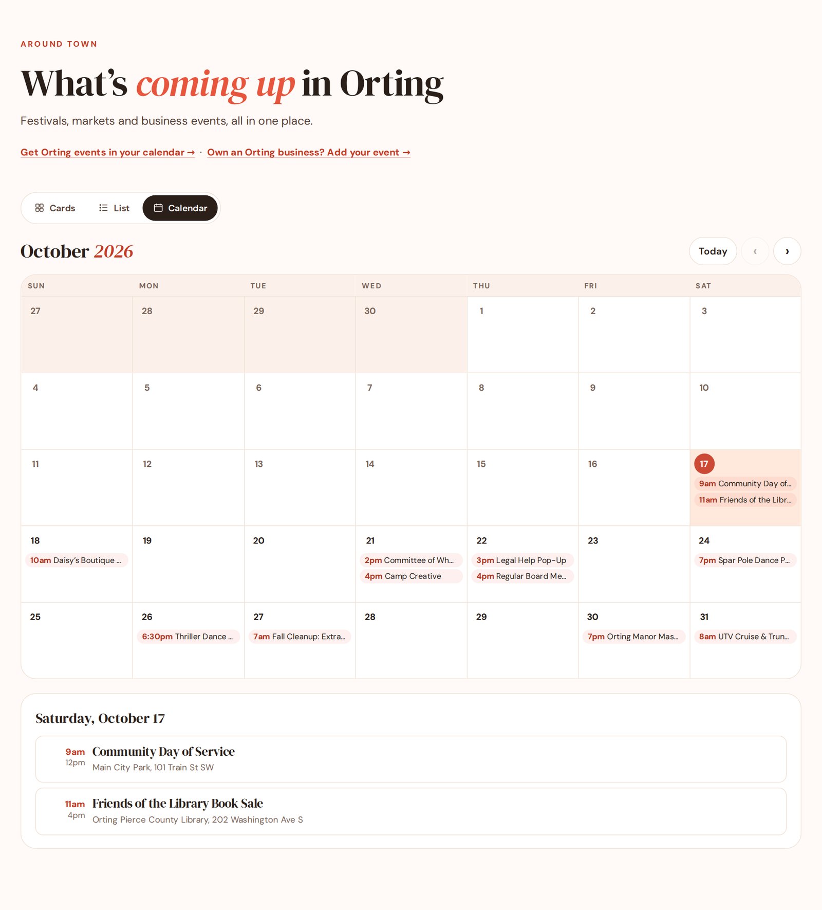 The events calendar view for October 2026, with the day's events listed under the month grid