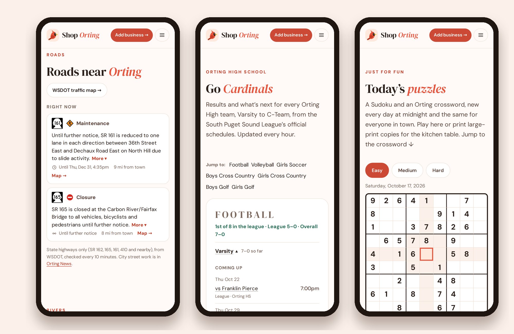 Three phones showing Shop Orting's Roads near Orting box, the Go Cardinals scores page and today's Sudoku