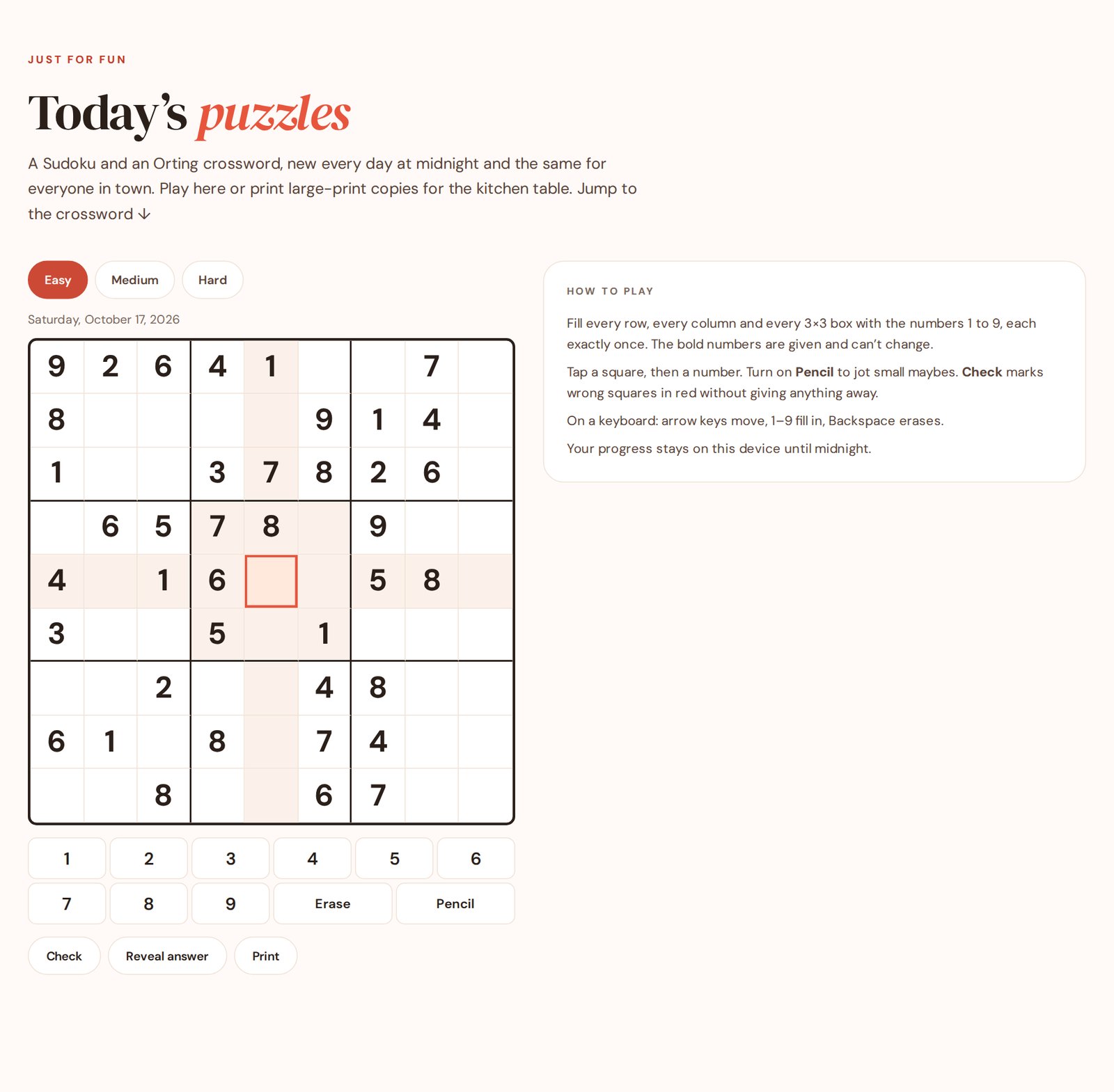 Today's puzzles: the easy Sudoku with number buttons, pencil marks and a How to play box