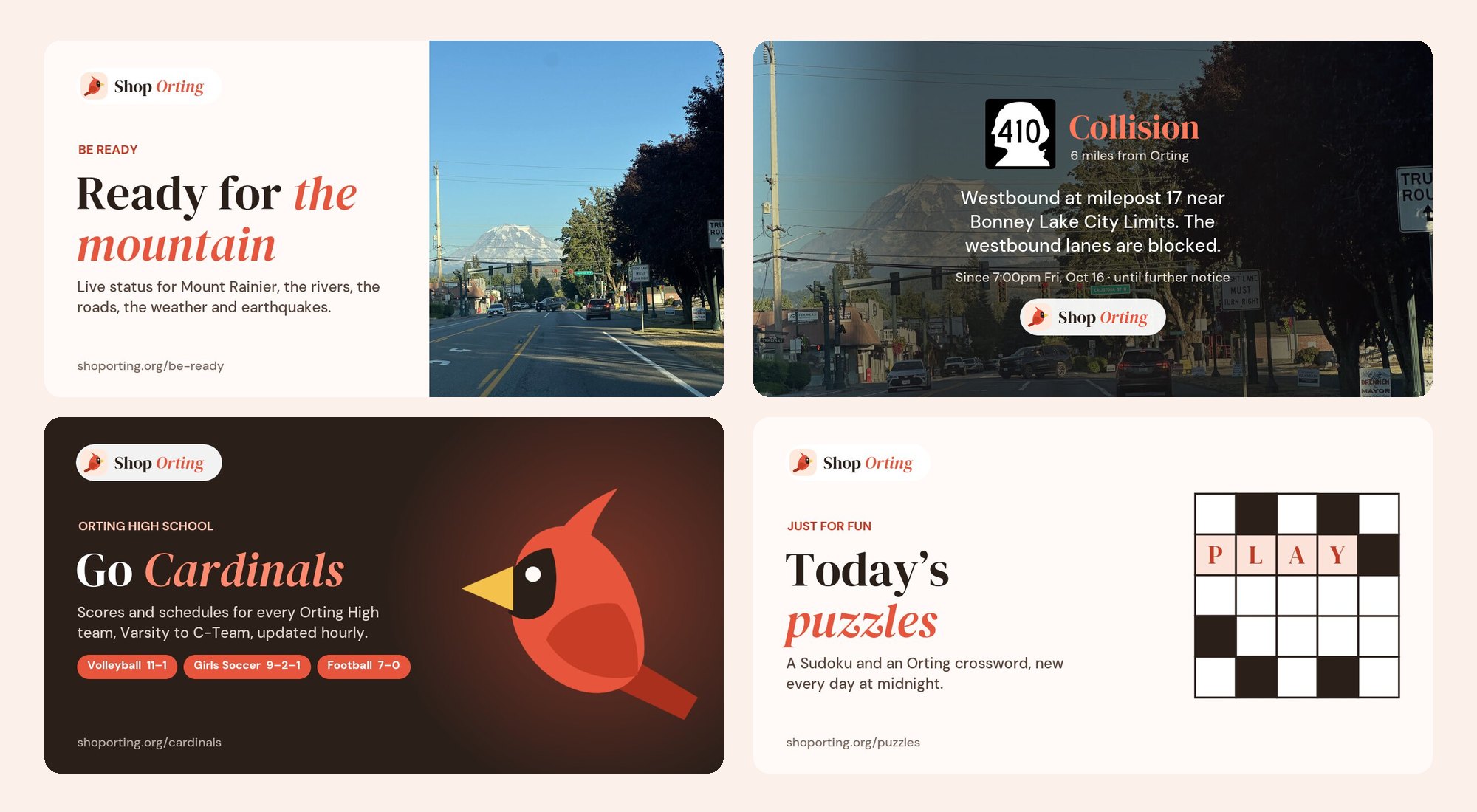 Four Shop Orting share cards: Be ready, an SR 410 collision alert, Go Cardinals with varsity records, and Today's puzzles