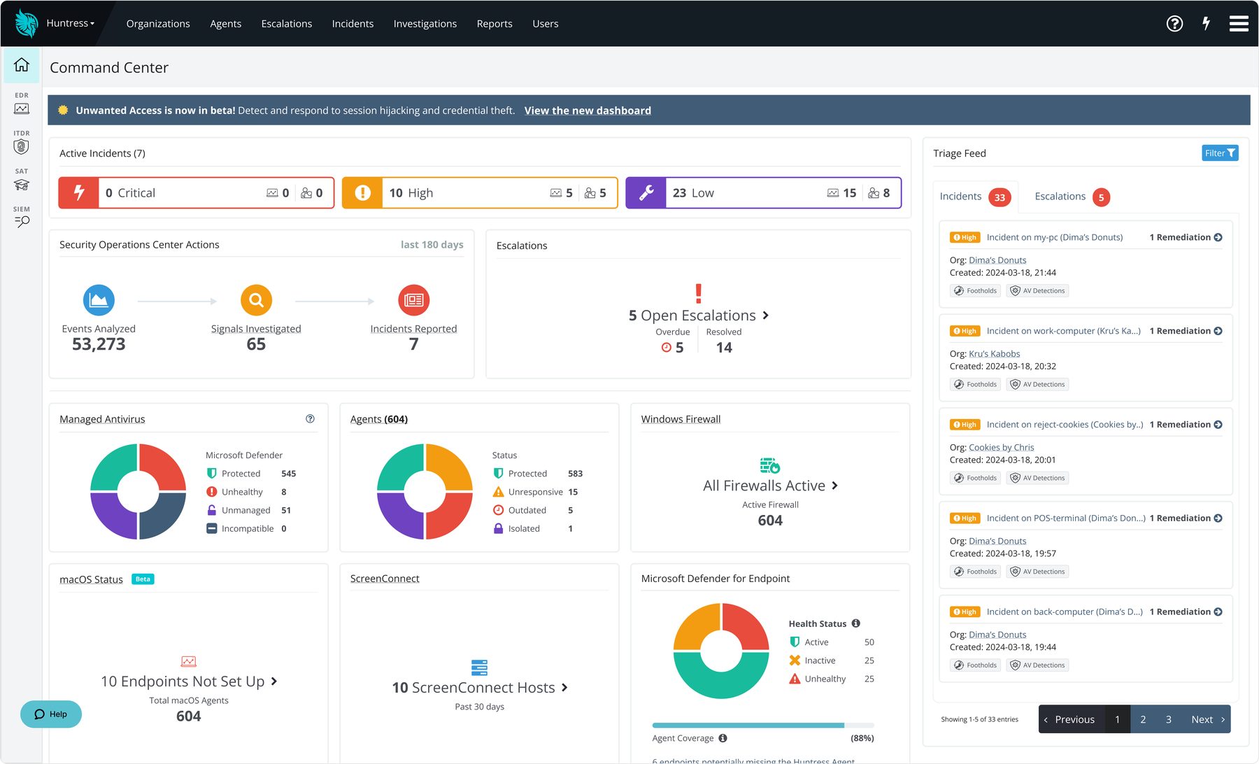 Huntress Command Center dashboard